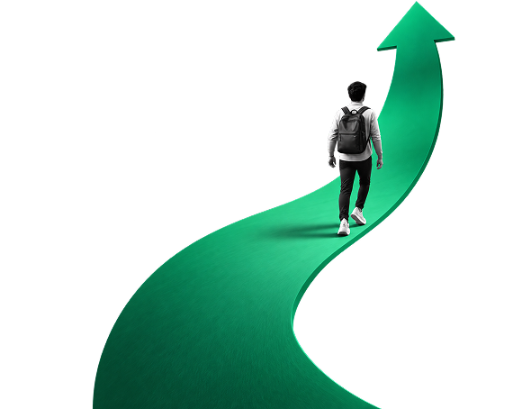 A person walking up a green upward arrow