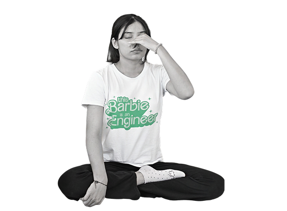 A team member meditating cross-legged