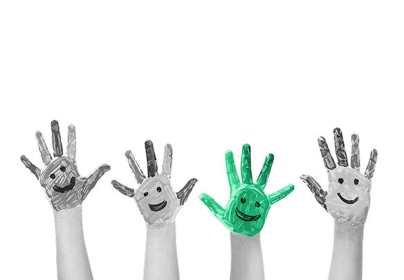 Four raised hands painted with smiley faces