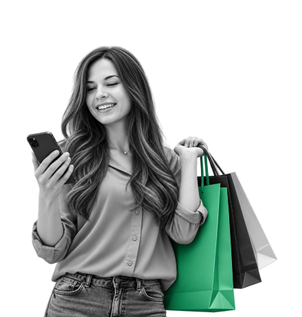 a shopper holding green shopping bags