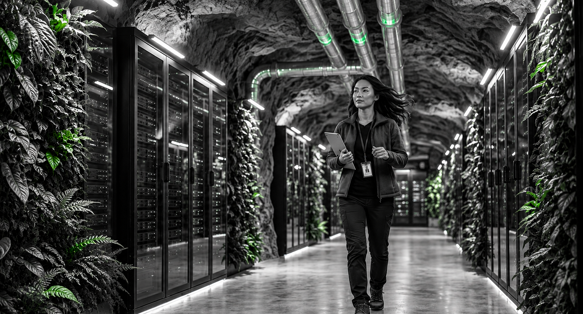 An engineer walking through a data center corridor lined with plants