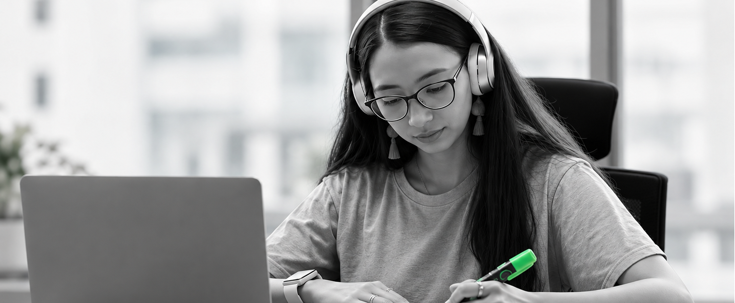 A student learning with headphones
